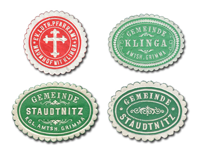 Siegelmarken der Ev.-Luth. Gemeinde von Naunhof und Klinga und der zur Königlichen Amtshauptmannschaft Grimma* gehörenden Gemeinden Klinga und Staudtnitz (zwischen ca. 1850 und 1930)